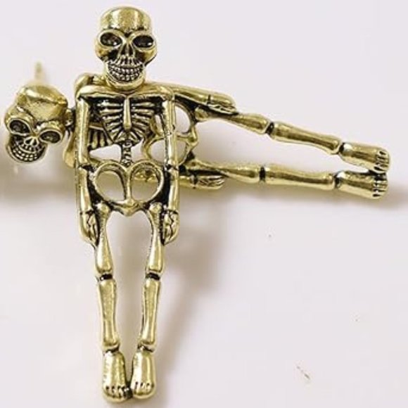 Gold Skeleton Earrings Corpse Bones Skeletons Goth Skull Studs Gothic Skulls New - Picture 4 of 10